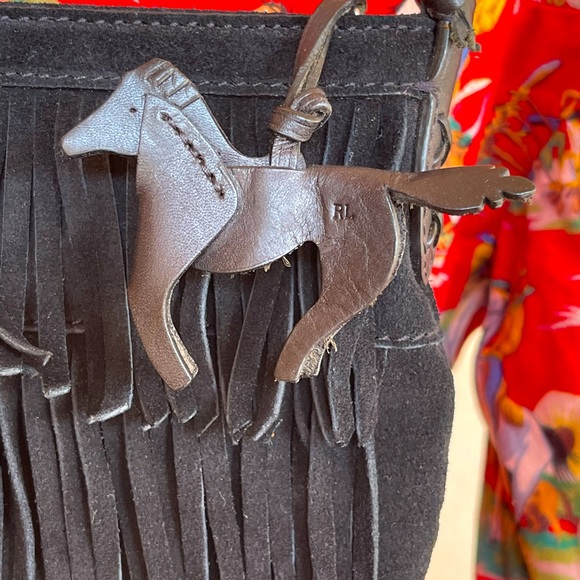 RALPH LAUREN Black Suede Fringed Bag w/Horse Charm - Picture 7 of 12